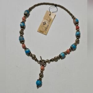 Patricia Nash Blue, Coral, and‎ Antique Gold Y Necklace New!!